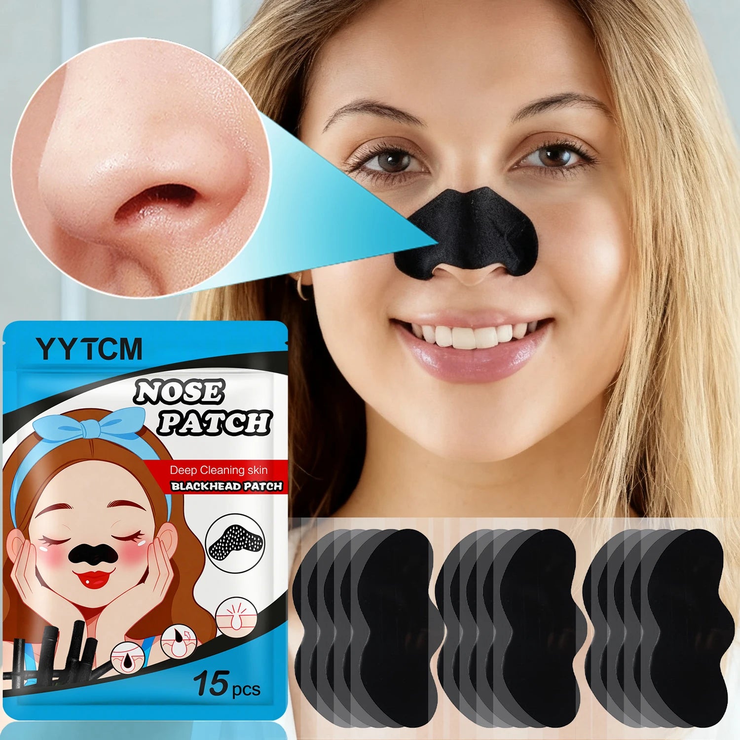 Blackhead Nose Patch, Charcoal Face Nose Mask Deep Cleansing Blackhead Removal Comedone Peel Off Mask 15Pcs/Bag