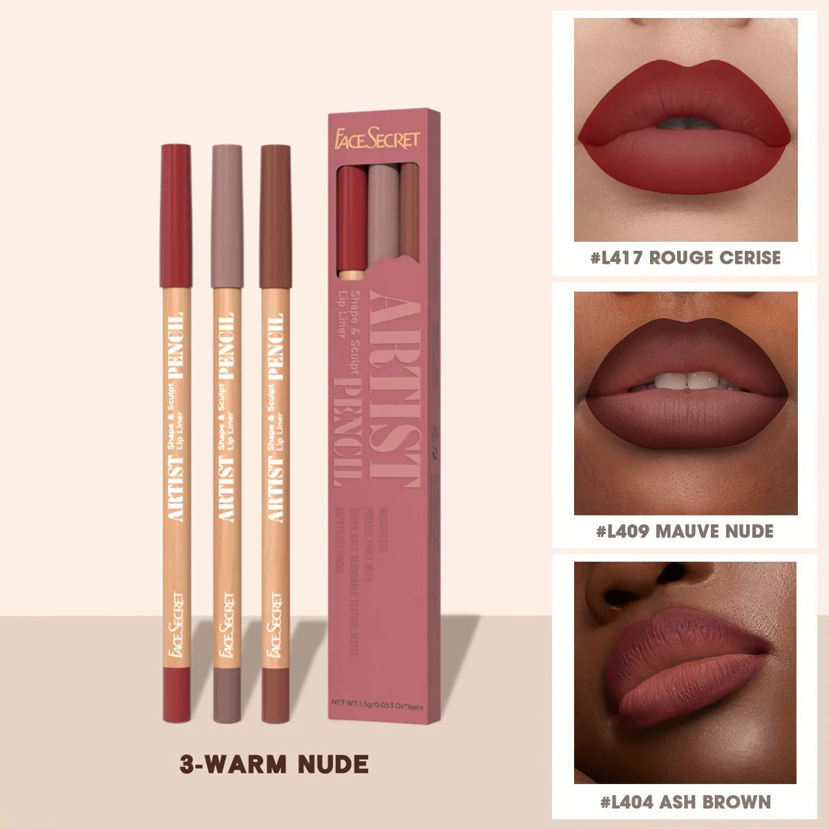 Face Secret 3pcs Set Nude Lip Liner, Natural Matte,Long-Lasting Waterproof,High Pigmented Hook Line Lip Pencil Makeup