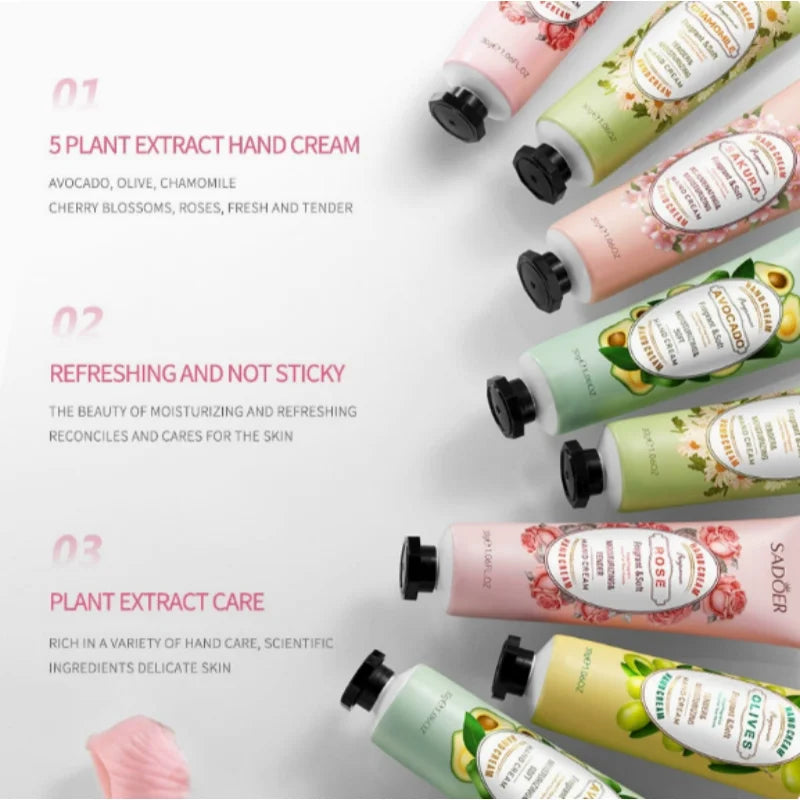5Pcs/Pack Fruit Plant Fragrance Hand Cream Sets Moisturizing Lasting Repair Anti Dry Hand Lotion Sets Hands Skin Care Products