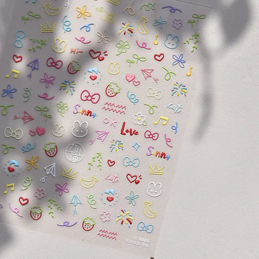 1pcs Japanese Cute Graffiti Lines Nail Art Stickers 5D Embossed Butterfly Rabbit Nail Art Accessory Stickers Self Adhesive Decal