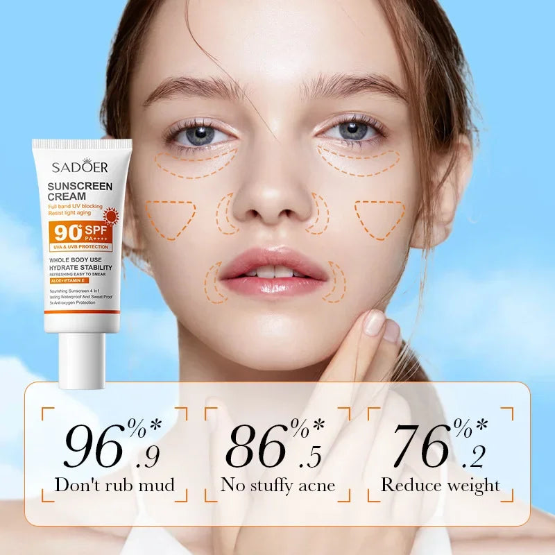 SADOER Spf 90+ Sunscreen For Face Whole Body Use Protector Solar UV Resistant Repairing Solar Blocker Facial Sunscreen