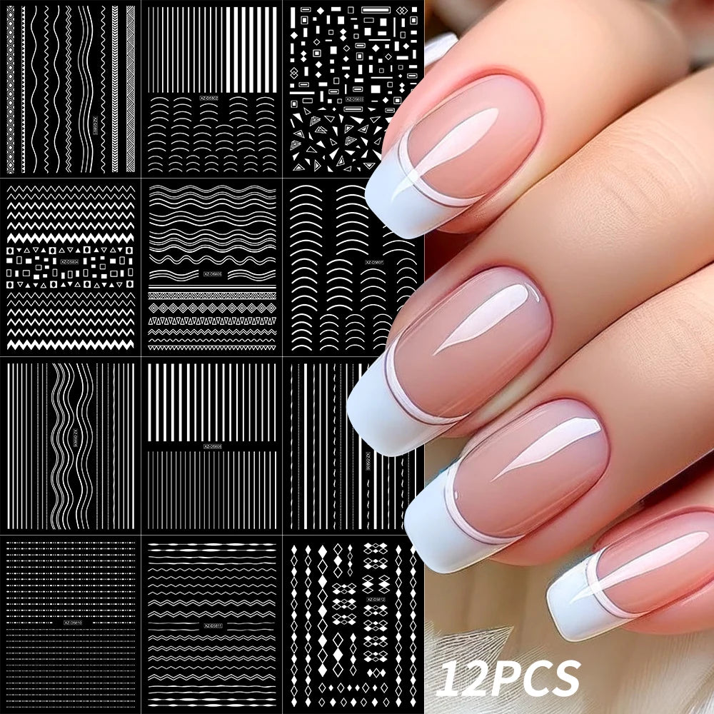 8/9/12/18Pcs New French Nail Stickers Guides DIY Nail Decors 3D Self-Adhesive White+Black Sliders Design Stencil DIY Manicure *&