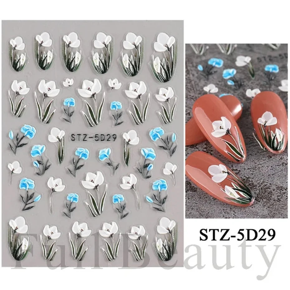 5D Simple Flowers Nail Embossed Stickers Elegant Wedding Design Adhesive Sliders Floral Textured Engraved Decoration Supplies