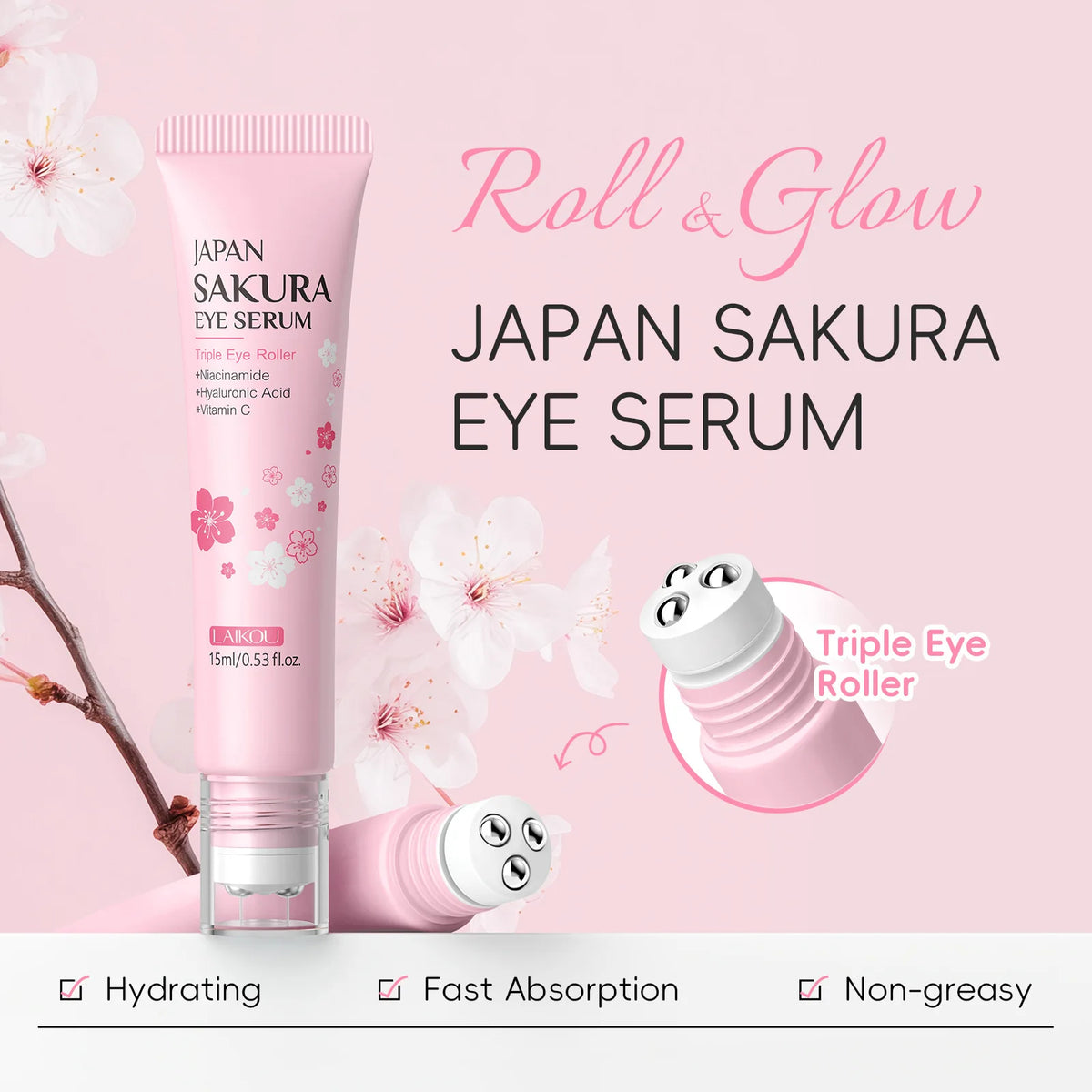 LAIKOU Sakura Anti- Wrinkle Eye Cream With Roller Ball Quick Drying Hydrating Hyaluronic Acid Refreshing Eye Serum 15ml