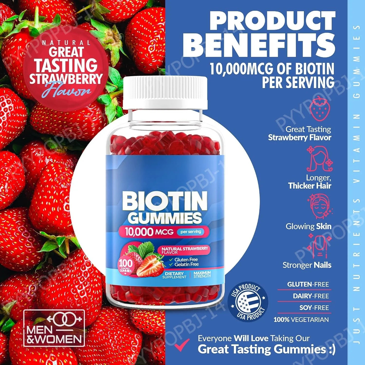Biotin Gummies 10000 Mcg Hair Skin Nails Support, Vitamin B7 Beauty Supplement, Gluten Free Vegan Non-GMO Strawberry, 60 Gummies