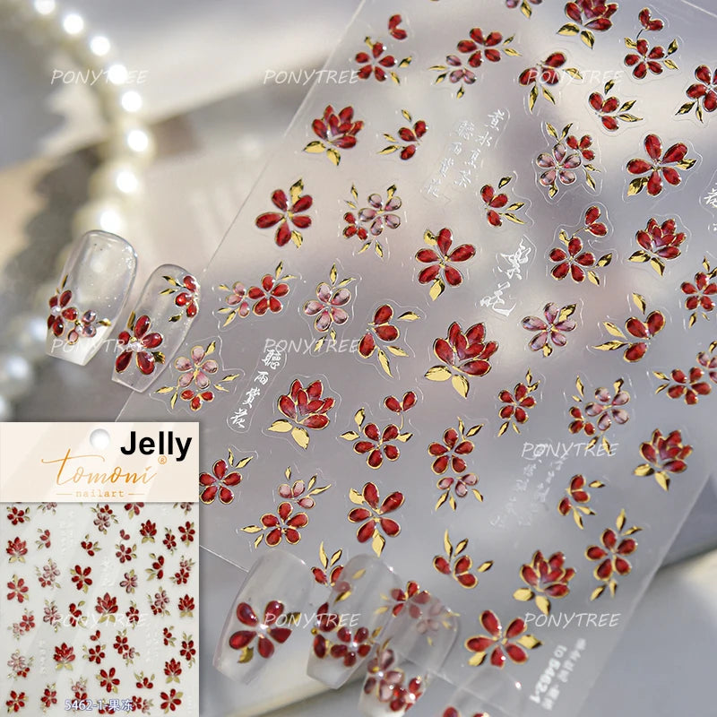 Elegant Pink Purple Flower Rose Colourful Gentle Petal Peach Blossom Metal Shiny Self Nail Art Sticker Decoration Manicure Decal