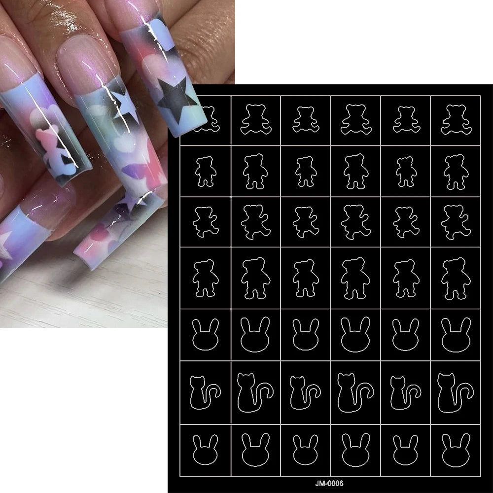 24 Patterns Airbrush Stencils Nail Art Stickers Hollow Butterfly/Flower/Bow/French Line Printing Templates Nail Decal DIY Tools