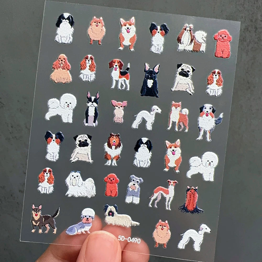 2pcs/Set Happy Dog Nail Decorative Stickers 5D Embossed Cute Cartoon Corgi Pomeranian Puppy Nail Decals DIY Animal Manicure Deco