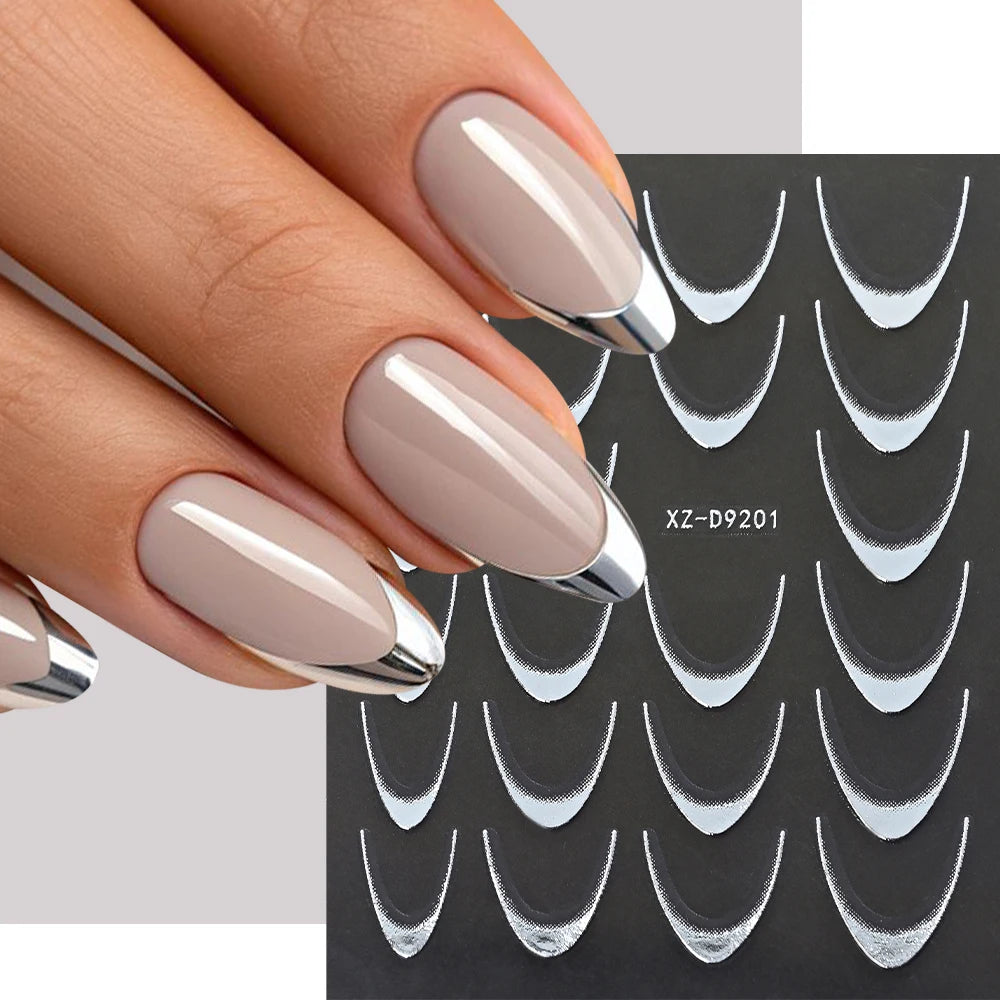3D Metallic Silver French Line Nail Stickers C Curve Stripe Lines Metal French Nail Decals French Manicure Nail Decoration *1PCS