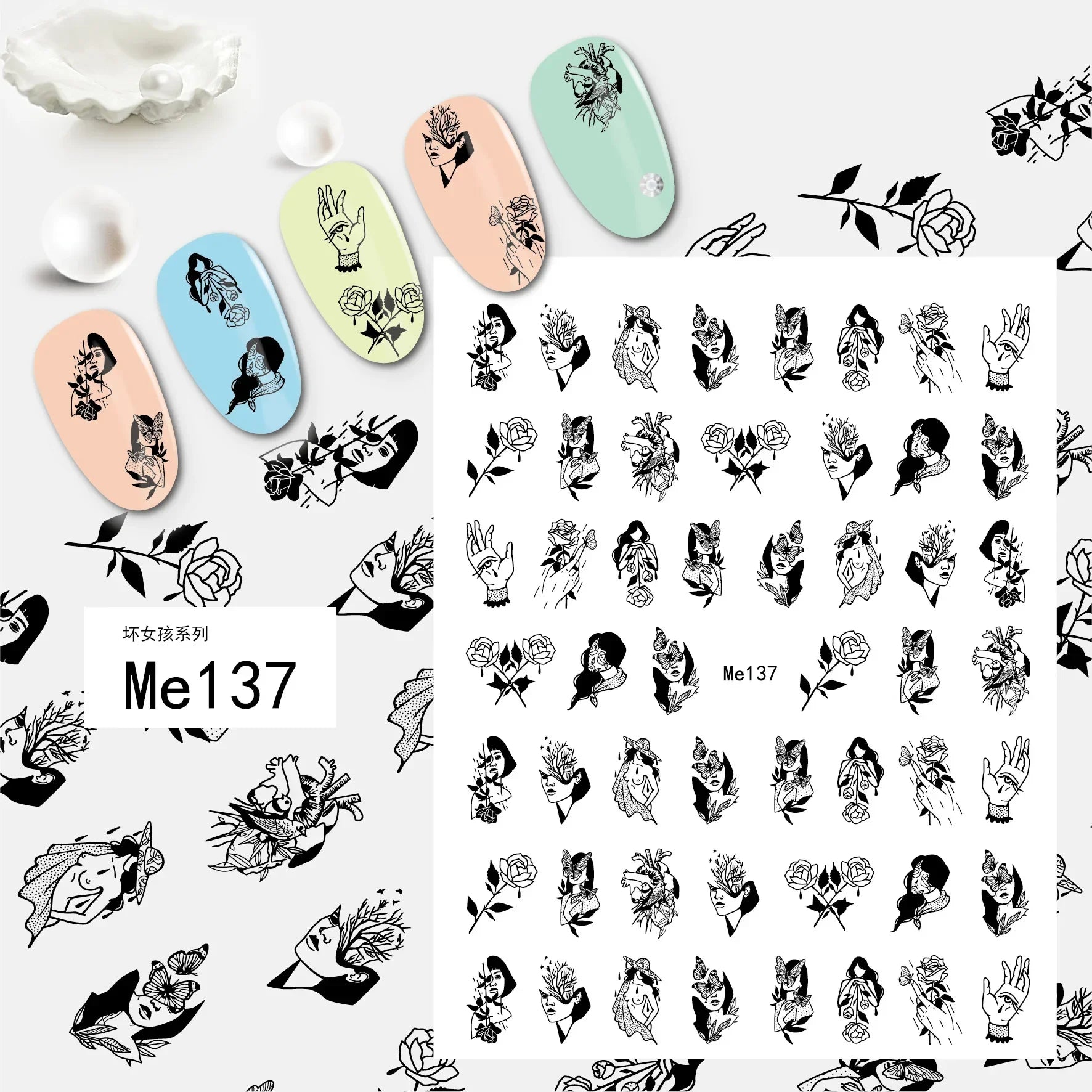 1PCS Black White Love Nail Stickers Letter Nail Design Flower Print Supplies Nail Art Decals Suitable For Women's Manicure