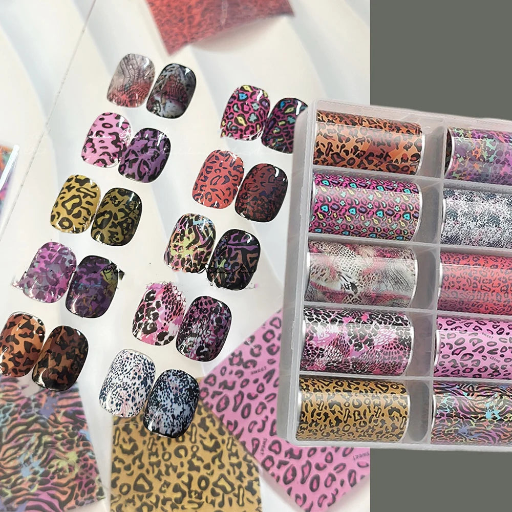 10 Rolls 50*4CM Pink Leopard Nail Foil Stickers Animal Print Nail Transfer Decals Irregular Shape Valentine's Day Manicure Decor