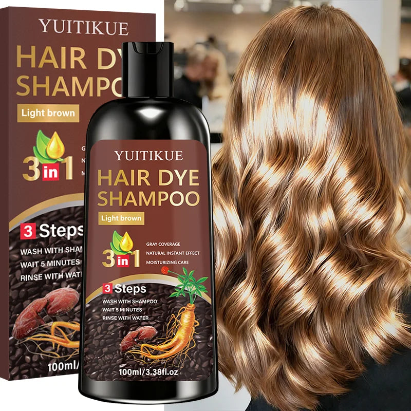 YUITIKUE 3-in-1 Light Brown Hair Dye Shampoo | 3-Step Easy Application For Natural Gray Coverage & Moisturizing Care 100ml