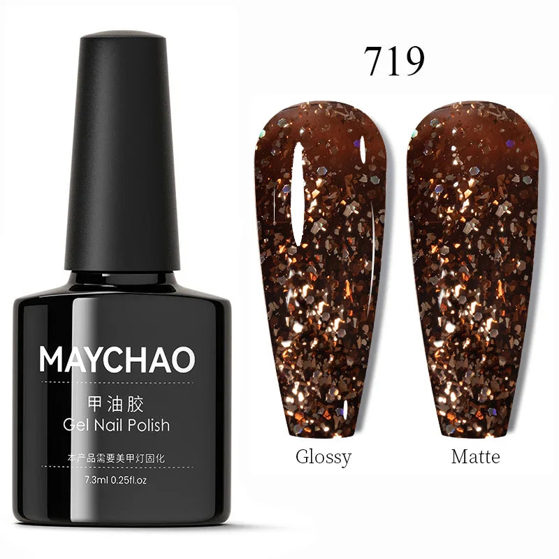 MAYCHAO Glitter Gel Nail Polish 7.3ml Semi-permanent Sequins Shiny Gel Base Top Coat Soak Off UV LED Varnish Nail Art Decoration