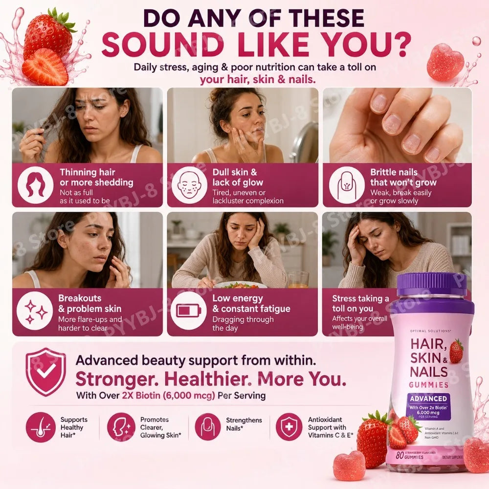 Biotin Gummie Strawberry Flavor with 6000Mcg Biotin & Vitamin Support Healthy Hair Skin and Nails 80pcs Nutritional Supplement