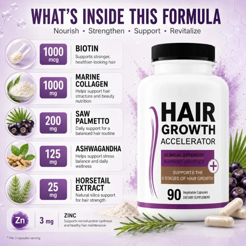 Lustriva Hair Growth Vitamins with Biotin, Marine Collagen, Saw Palmetto, Ashwagandha, Horsetail & Zinc – Thicker Hair, 90 Caps
