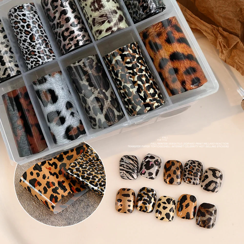 10 Rolls 50*4CM Pink Leopard Nail Foil Stickers Animal Print Nail Transfer Decals Irregular Shape Valentine's Day Manicure Decor