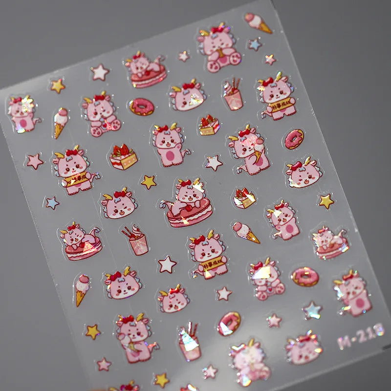 5D Kawaii Ink Wash Fairy Fox Dragon Loong Nail Art Stickers Cartoon Star Animals Backglue Nail Decoration Decals Accessories
