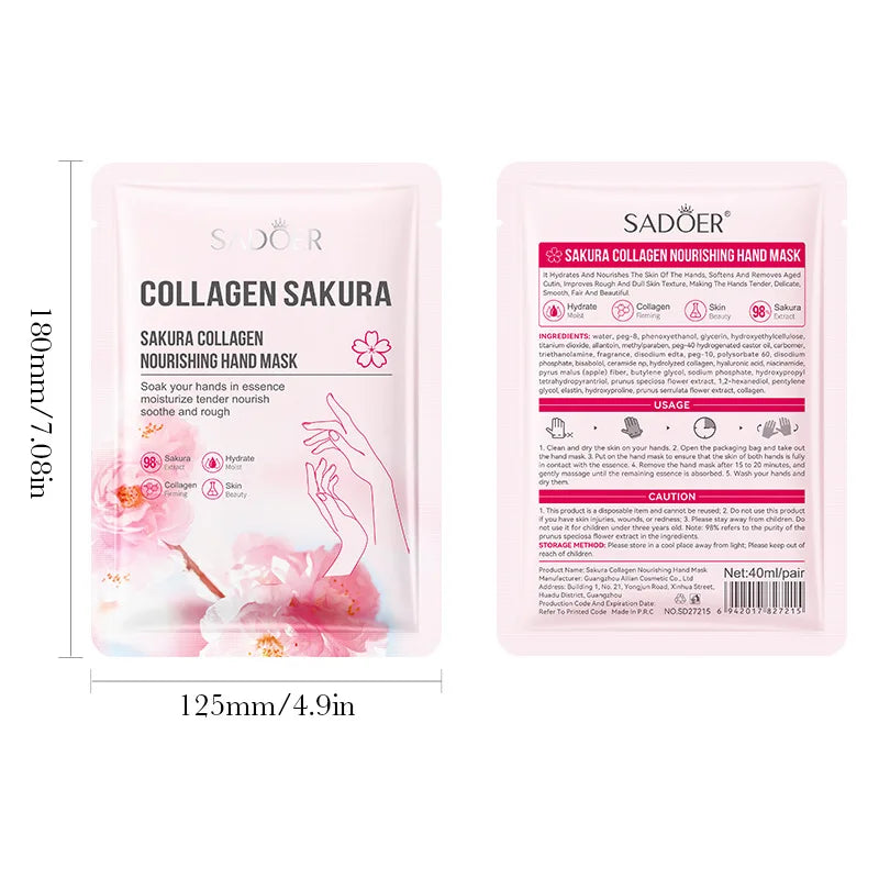 5 Pairs SADOER Sakura Collagen Nourishing Hand Mask Anti Crack Smooth Nourish Dry Hands Reduce Fine Lines For Tender Hand Skin