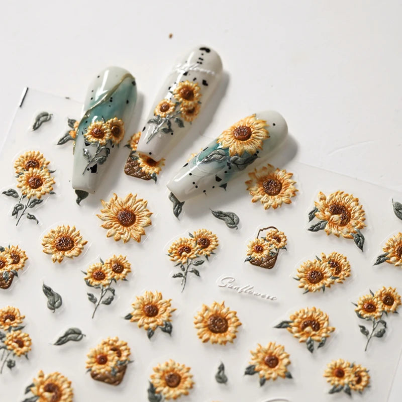 1 pc 5D sunflower nail stickers rose daisy cherry blossom self-adhesive nail art stickers oil painting style decorative sticker