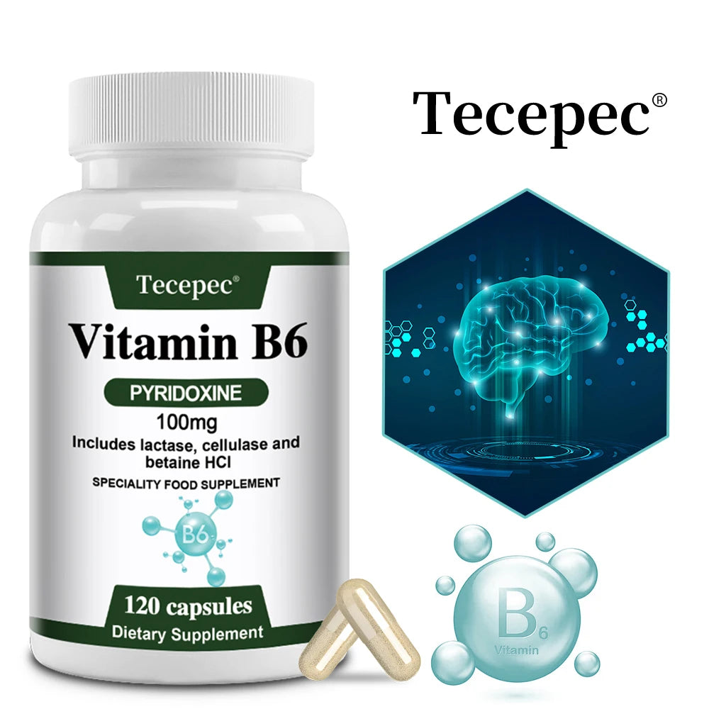 Vitamin B6 Capsules - Brain Function & Memory, Concentration, Cardiovascular, Skin, Hair, Immune, Non-GMO, Dietary Supplement
