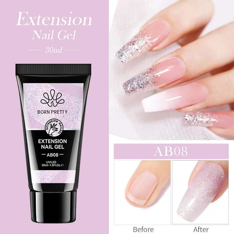 BORN PRETTY 30ml Nail Extension Gel Glitter Soak Off Nail Acrylic Crystal Building UV Gel for Nails Quick Extension Manicure