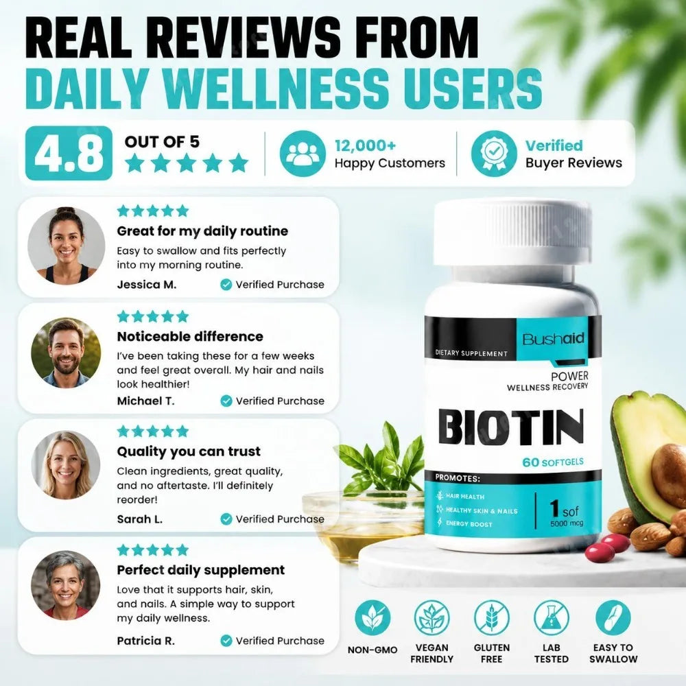 Bushaid Biotin 5000mcg Softgels Hair Skin Nails Vitamin B7 Keratin Support Energy Non-GMO Gluten Free 60 Softgels 60 Day