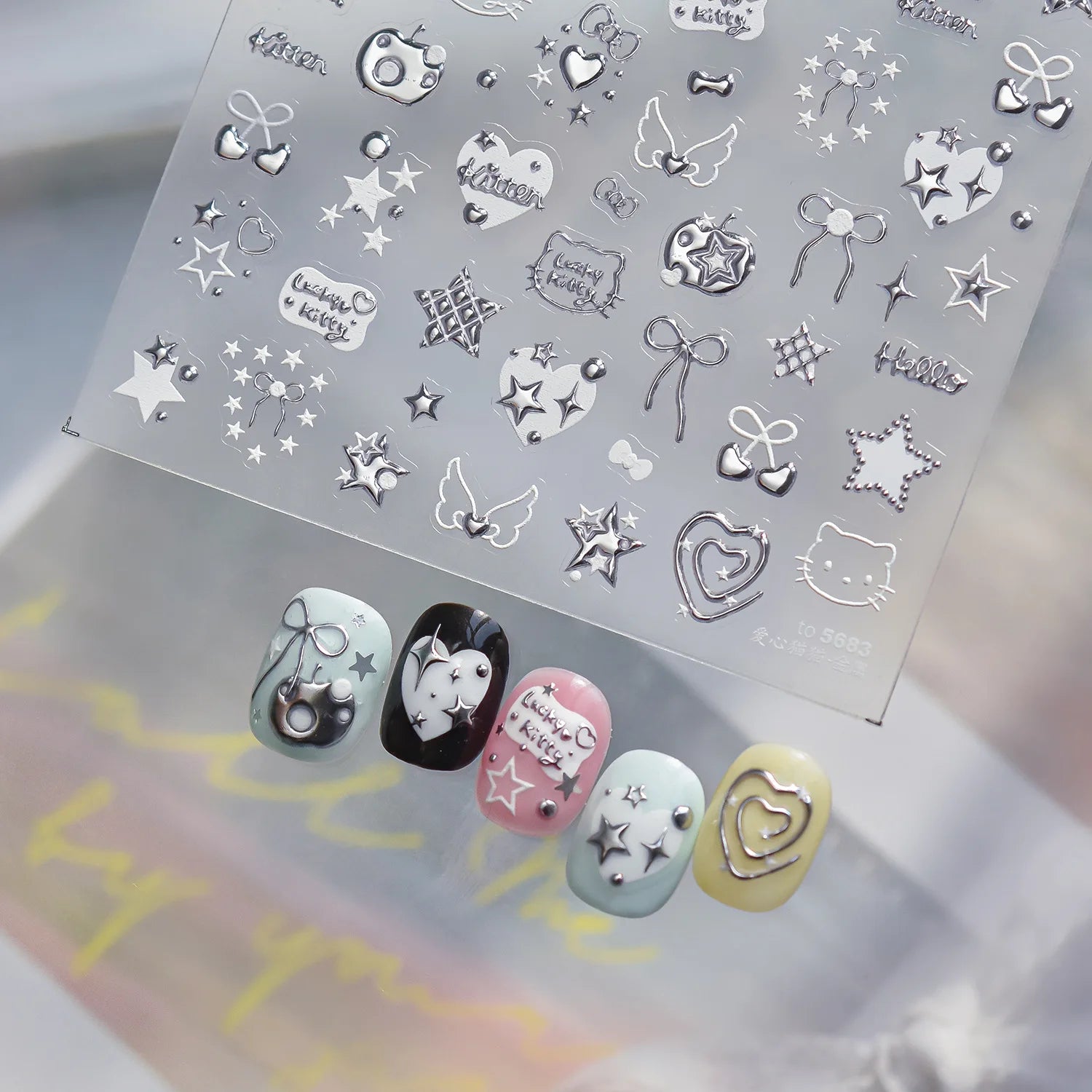 1pc 5D Metallic Silver Nail Stickers Stars Bow Love Heart Back Adhesive Nail Art Sticker DIY Cute Nails Decorations Decals Parts