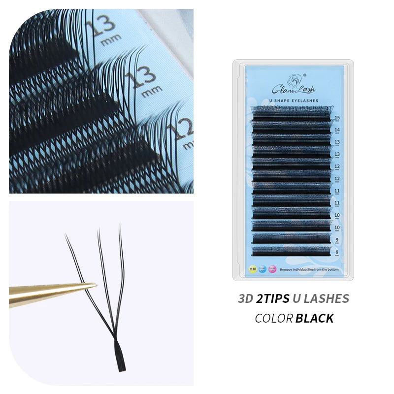 GLAMLASH U Shape YY False Eyelashes 8-15mm Mix C D Curl Double Tips Lashes Extension Hand-wowen Individual Eyelash