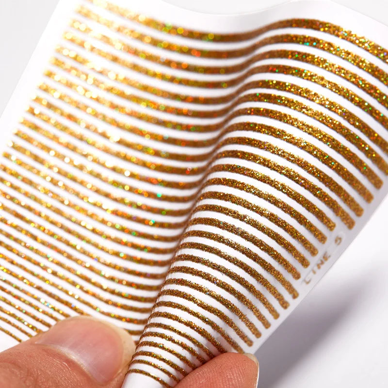 8Pcs/Set 3D Laser Glitter Colorful Metallic Line Nail Stickers Gold Silver Line Wave Stripe Nail Art Decals Kit Manicure Sliders