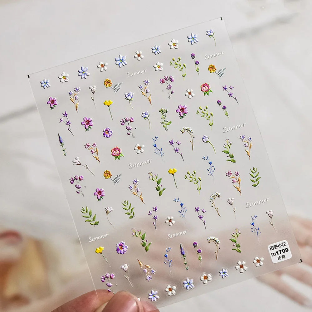 1pc Flower Nail Stickers Summer Floral Leaf Plant 5D Embossed Nail Slider Decals Self-Adhesive Nail Art Supplies Manicure Decor