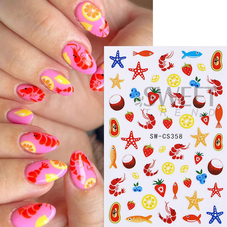 2pcs Mini Fish Nail Stickers Summer Ocean Fish Starfish Lobster Lemon Fruit Self-Adhesive Nail Decals DIY Manicure Decoration