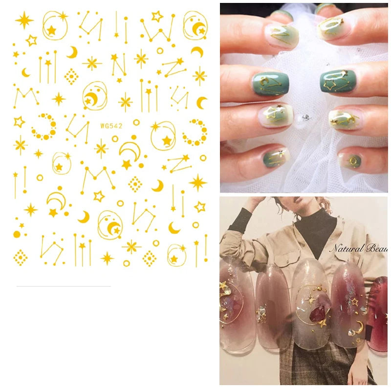 Shiny Gold Star Moon Sun Nail Stickers for Manicure Accessories Heart Feather Animals Printing Self Adhesive Nail Wrap