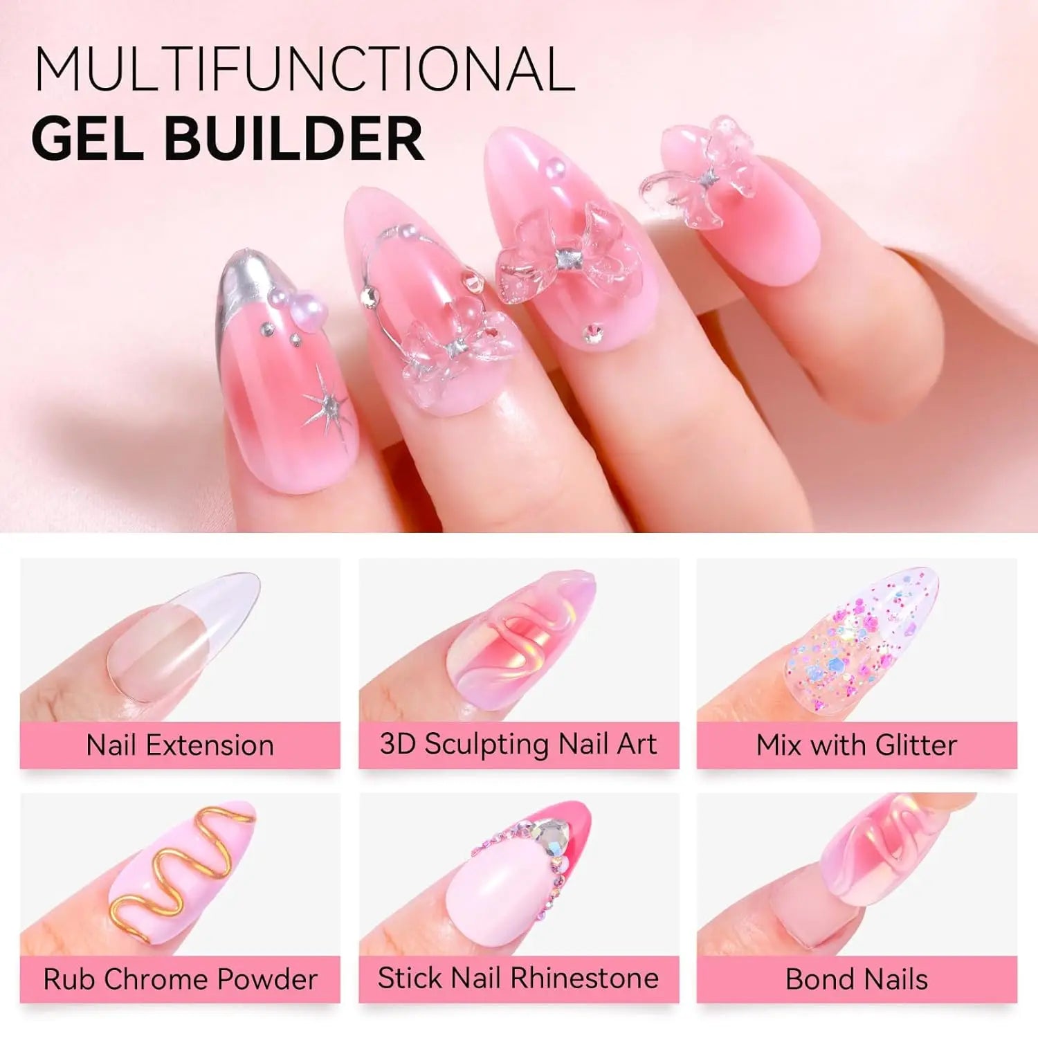 Makartt Solid Gel Builder: 4-in-1 Clear White Non-sticky for Extension 3D Sculpting Nail, UV Glue for Acrylic Tips, Rhinestones