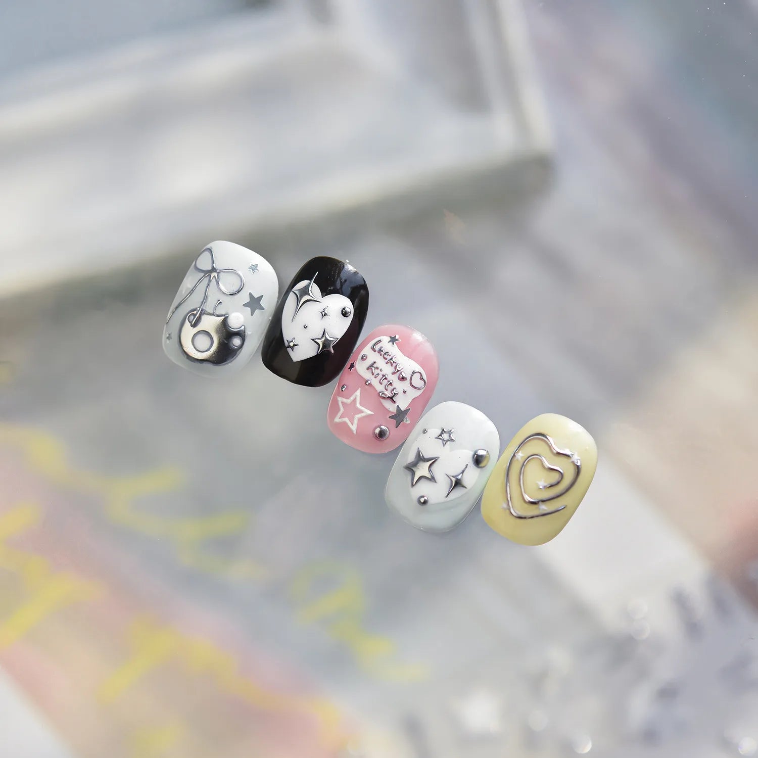 1pc 5D Metallic Silver Nail Stickers Stars Bow Love Heart Back Adhesive Nail Art Sticker DIY Cute Nails Decorations Decals Parts