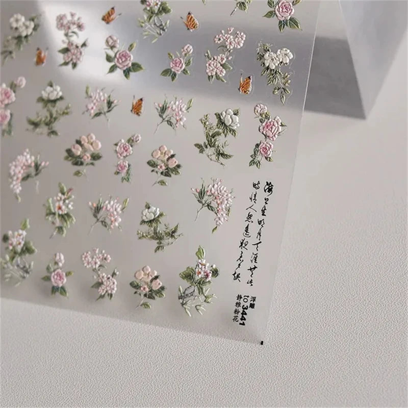 1Pcs Lovely Cat Green Potted Plant Flowers Nail Stickers 5D Reliefs Self Adhesive Nail Art Stickers Manicure Decorations Decals