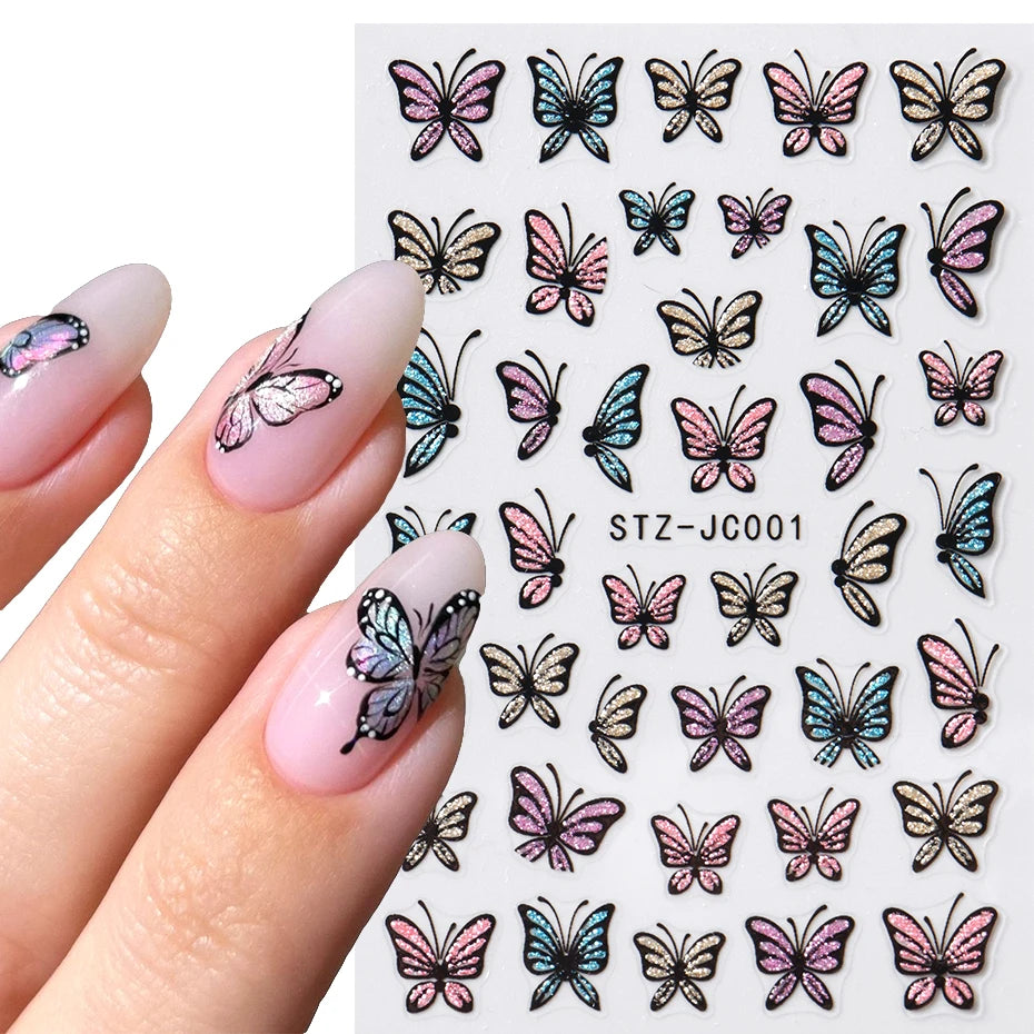 Glitter Butterfly Nail Stickers Decals Charm 3D Shiny Blue Pink Design Self Adhesive Sliders Nail Art Foils Manicure Decorations