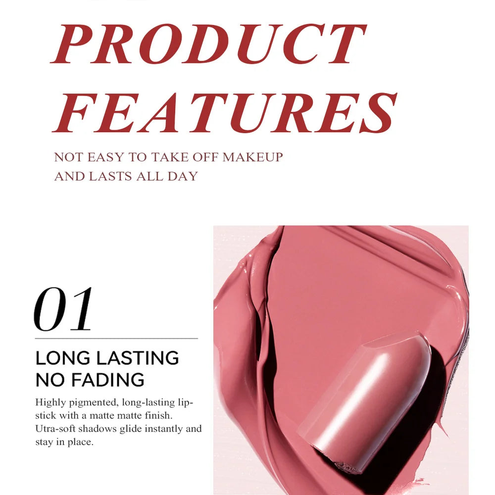 CHOOSE RASME 6-Color Chocolate Bar Lipstick Makeup Pearls Not Easy to Peel off Matte Waterproof Lipgloss