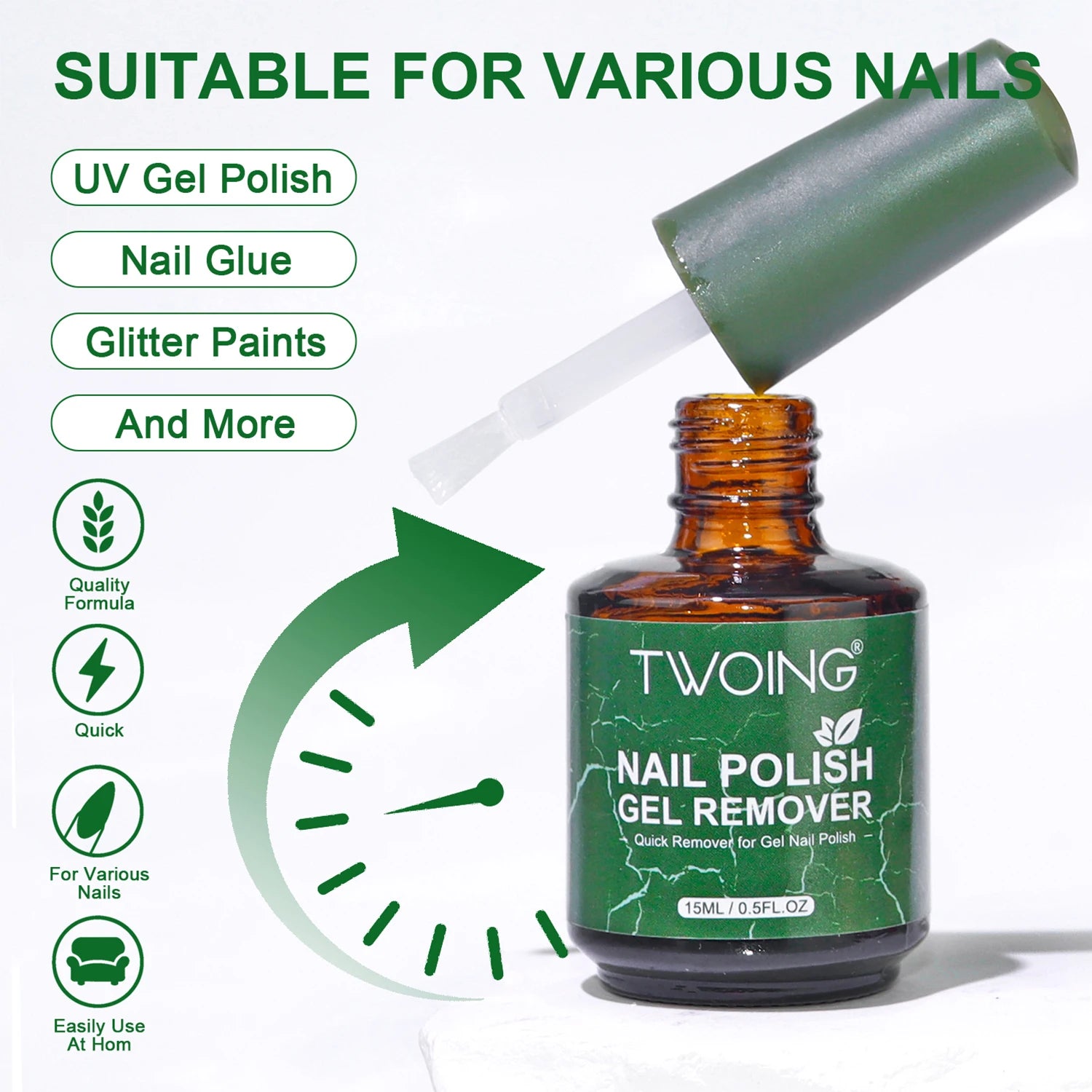 TWOING 2.0 15ml Magic Fast Nail Gel Polish Remover Clean UV Soak Off Semi Permanent Varnish Nail Art Removal Tools Manicure
