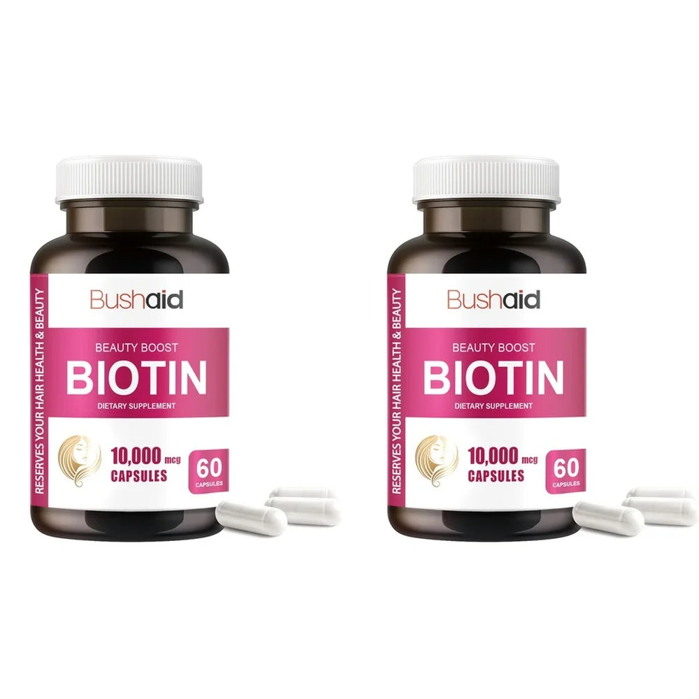 Bushaid Biotin 10000mcg Hair Growth Skin Nails Support Vitamin C E Zinc Selenium Horsetail Non-GMO Vegan Gluten Free 60 Capsules