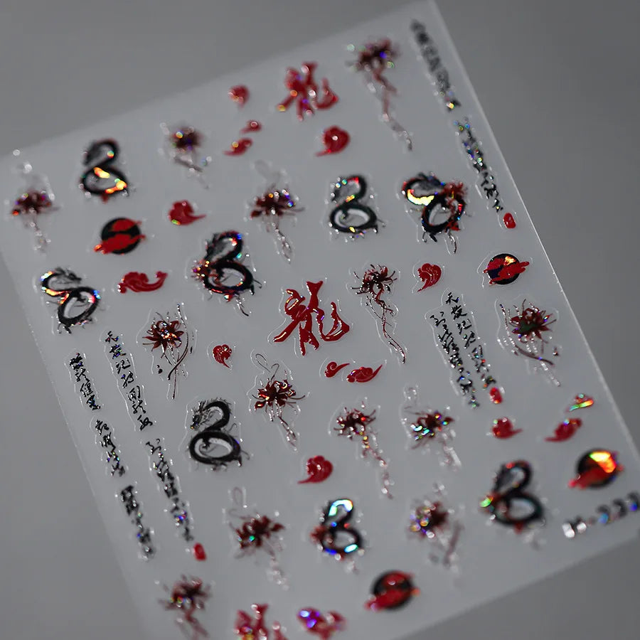 5D Kawaii Ink Wash Fairy Fox Dragon Loong Nail Art Stickers Cartoon Star Animals Backglue Nail Decoration Decals Accessories