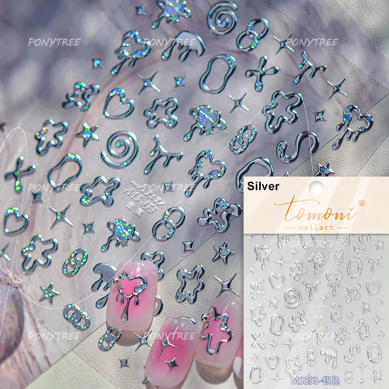 Geometric Lines Star Love Heart Chain Silver Gold Lava Letter Flower Growth Ring Number 5D DIY Nail Art Stickers Manicure Decals