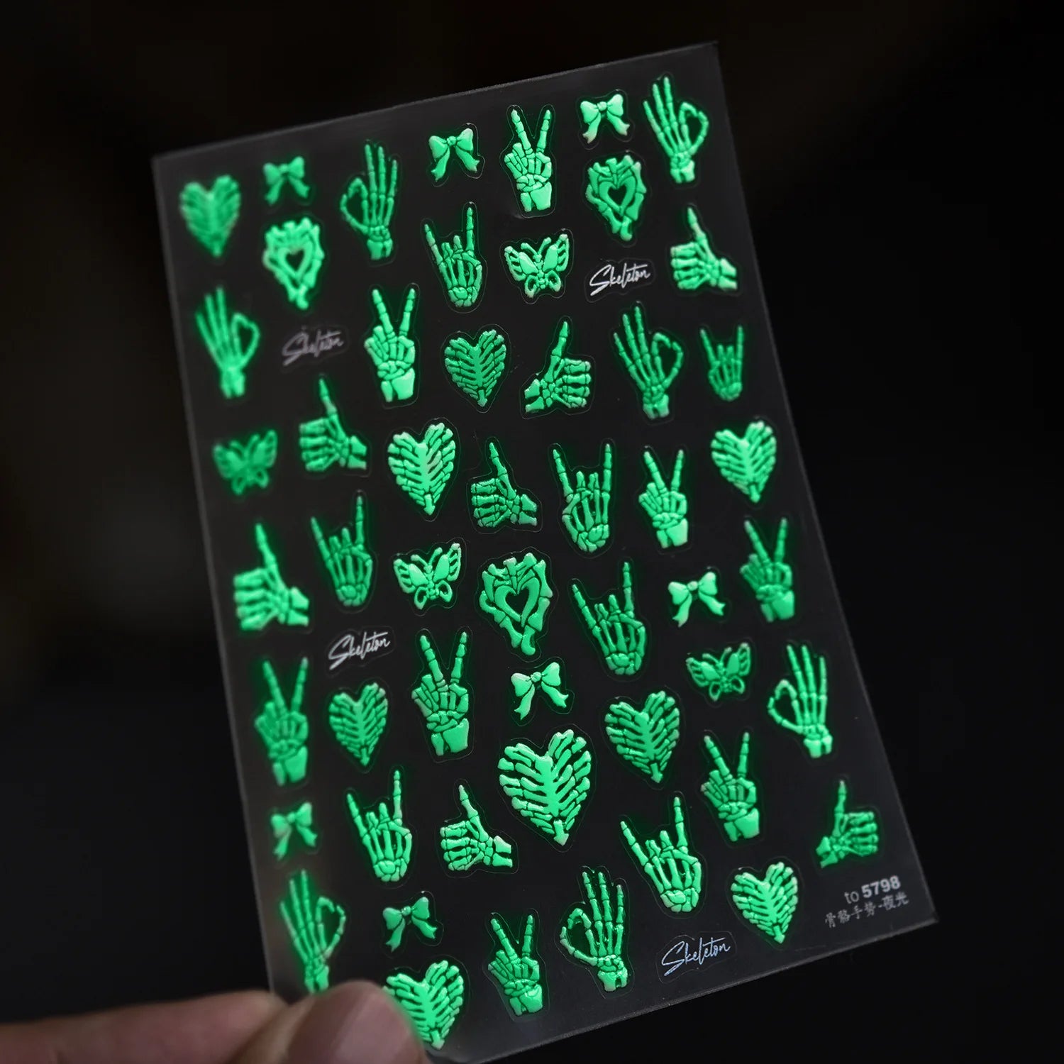 Colorful Halloween nail stickers glowing in the dark cute skull and cat bone pattern design self-adhesive nail art stickers DIY