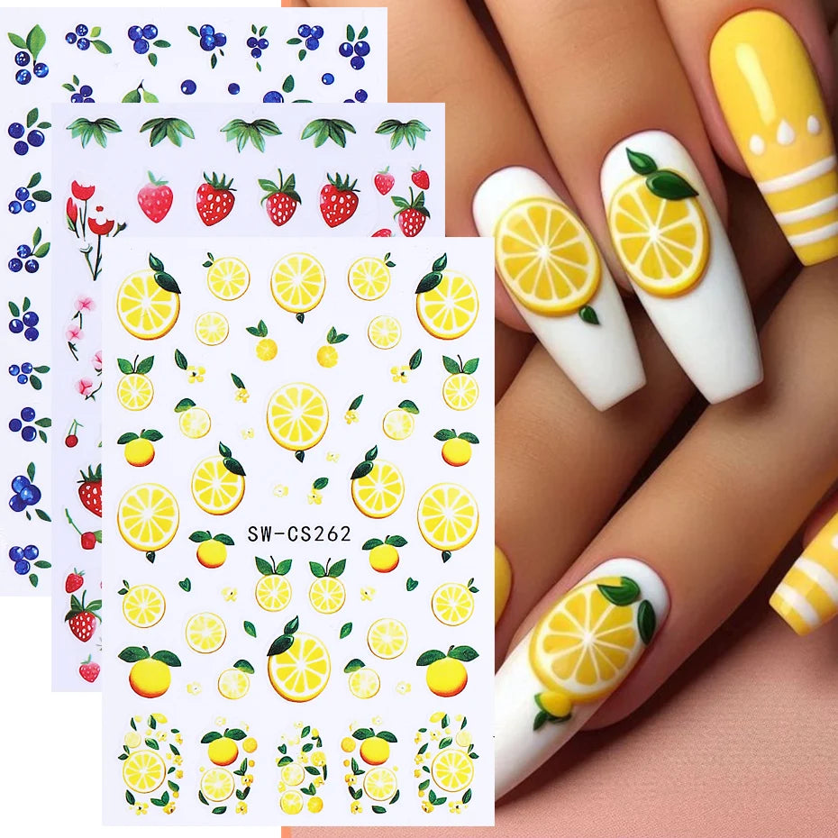 3pcs Lemon Fruits Nail Stickers 3D Cute Strawberry Blueberries Petals Nail Decals DIY Adhesive Slider Summer Manicure Decoration