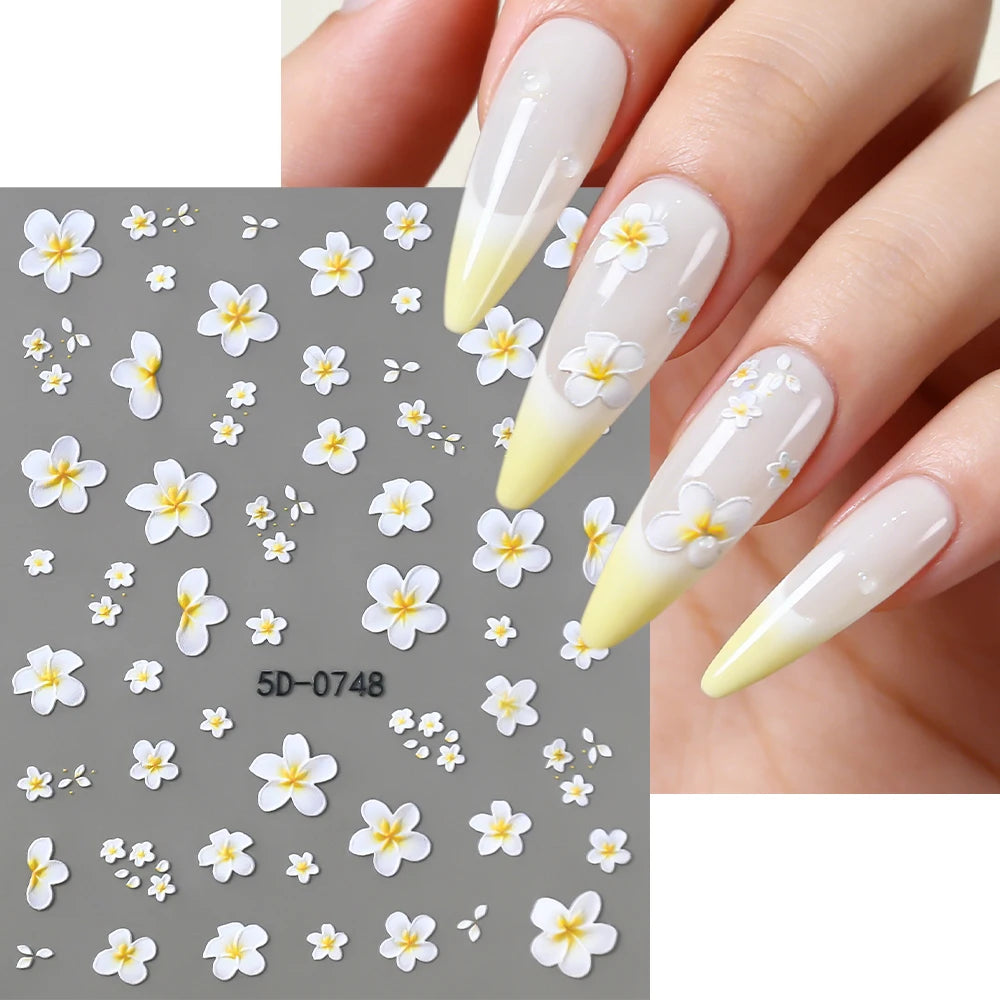5D Pink Blue Floral Nail Art Stickers Petals Leaf Plant Embossed Nail Decals Spring Summer Flower Design for DIY Nail Supplies