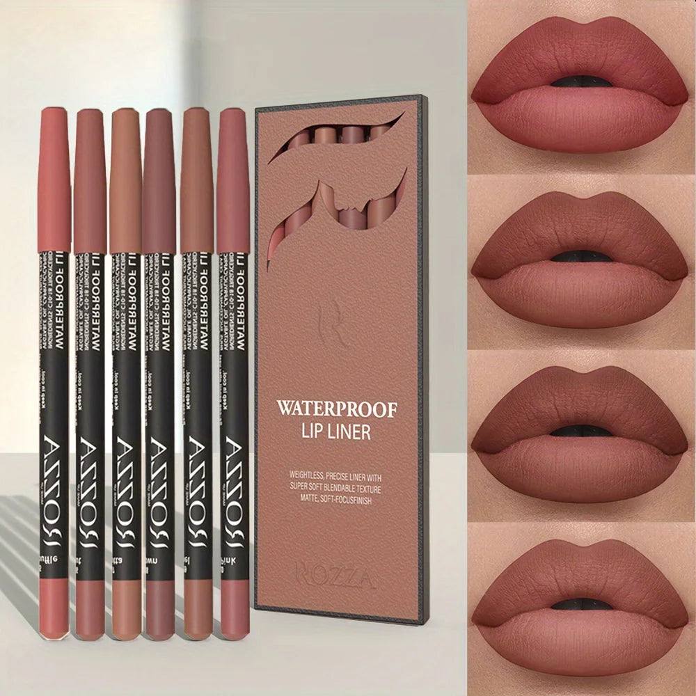 6 PCS/SET Ultra-Fine Wood Lip Liner Set - Nude Brown Collection, Velvet Matte Long Lasting Waterproof 18 Colors Lip Combo