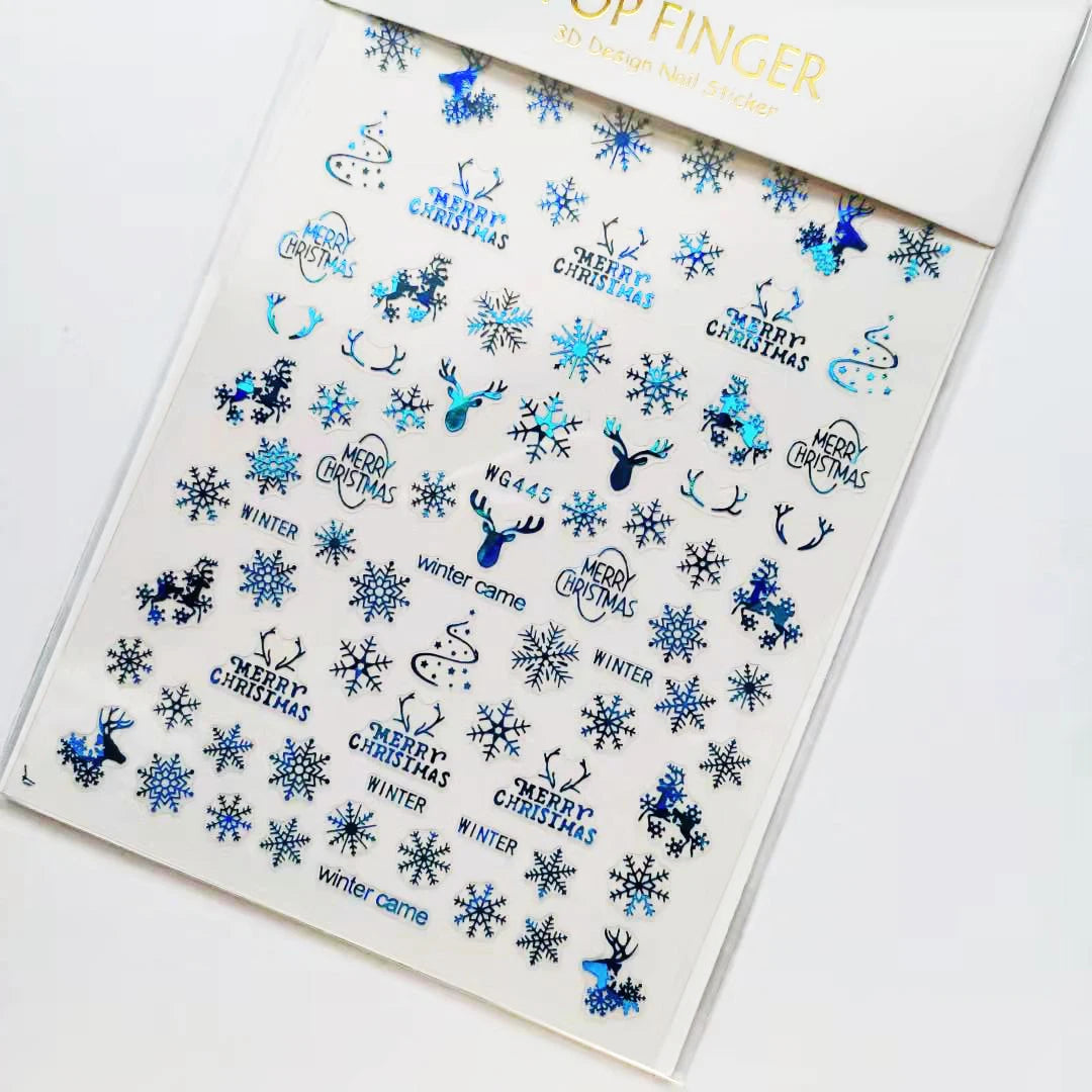 Sliver Bronzing 3D Christmas Nail Art Decoration Sticker Sparkly White Colorful Glitter Geometry Snowflake Winter Slider Foil