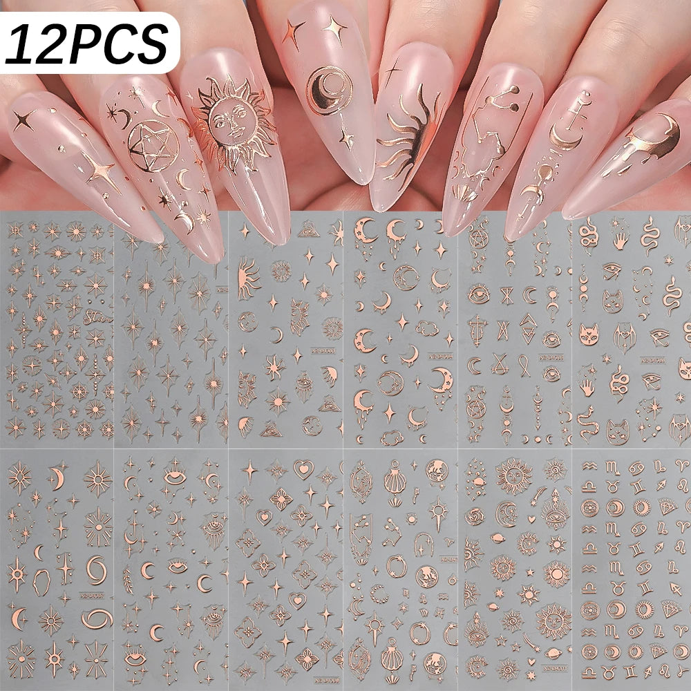 12Pcs 3D Laser Gold Silver Sun Star Moon Nail Stickers Y2K Snake/Starlight/Heart Adhesive Decals DIY Bronzing Nail Sliders