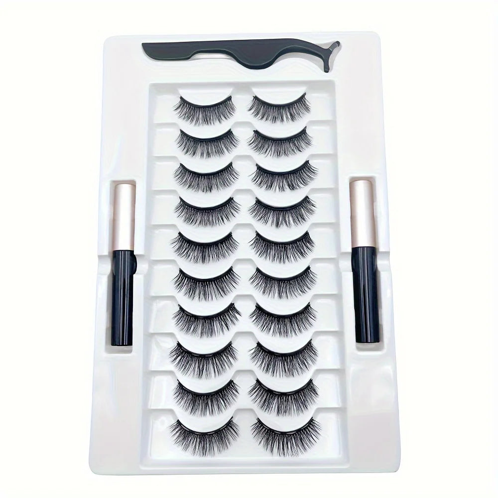 10Pairs Magnetic Lashes And Eyeliner Set Party Makeup Extension No Glue Required with Two Liquid Magnetic Eyeliners And Tweezers