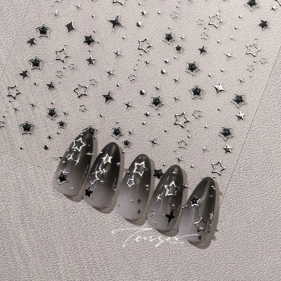 5D Luxury Star Nail Stickers for Nail Art Stars Black Silver Nail Decals Gilding Hollow Out Five-Pointed Nail Art Design Slider