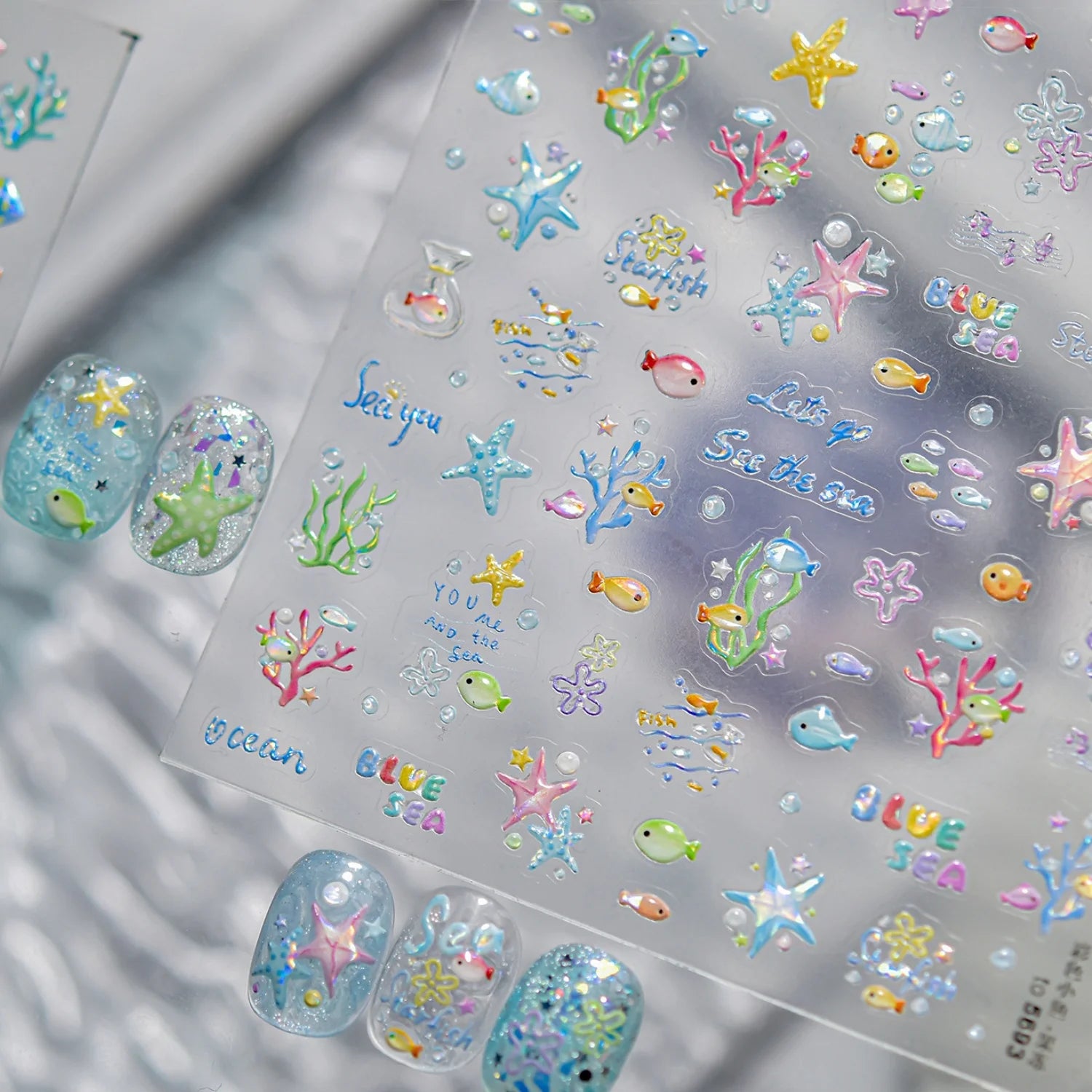1pcs 5D Colorful Fish Starfish Coral Seaweed Shell Bubbles Ocean Nail Art Stickers Clear Jelly Tropical Fish Embossed Nail Decal
